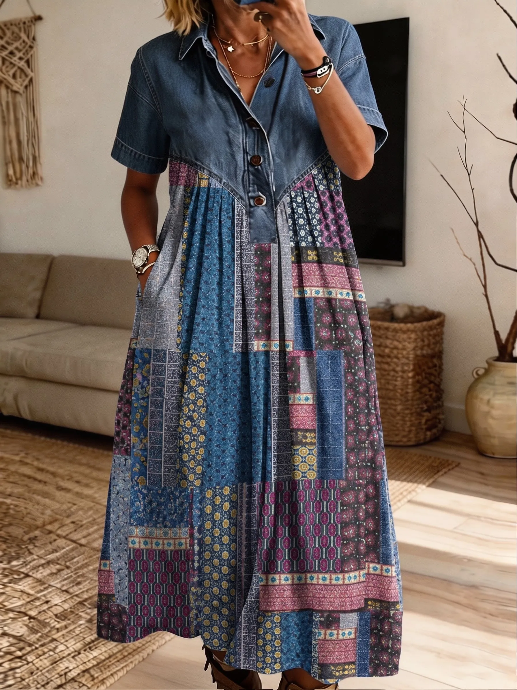 Women’s Denim Spliced Vintage Patchwork Print Loose Midi Dress With Pockets