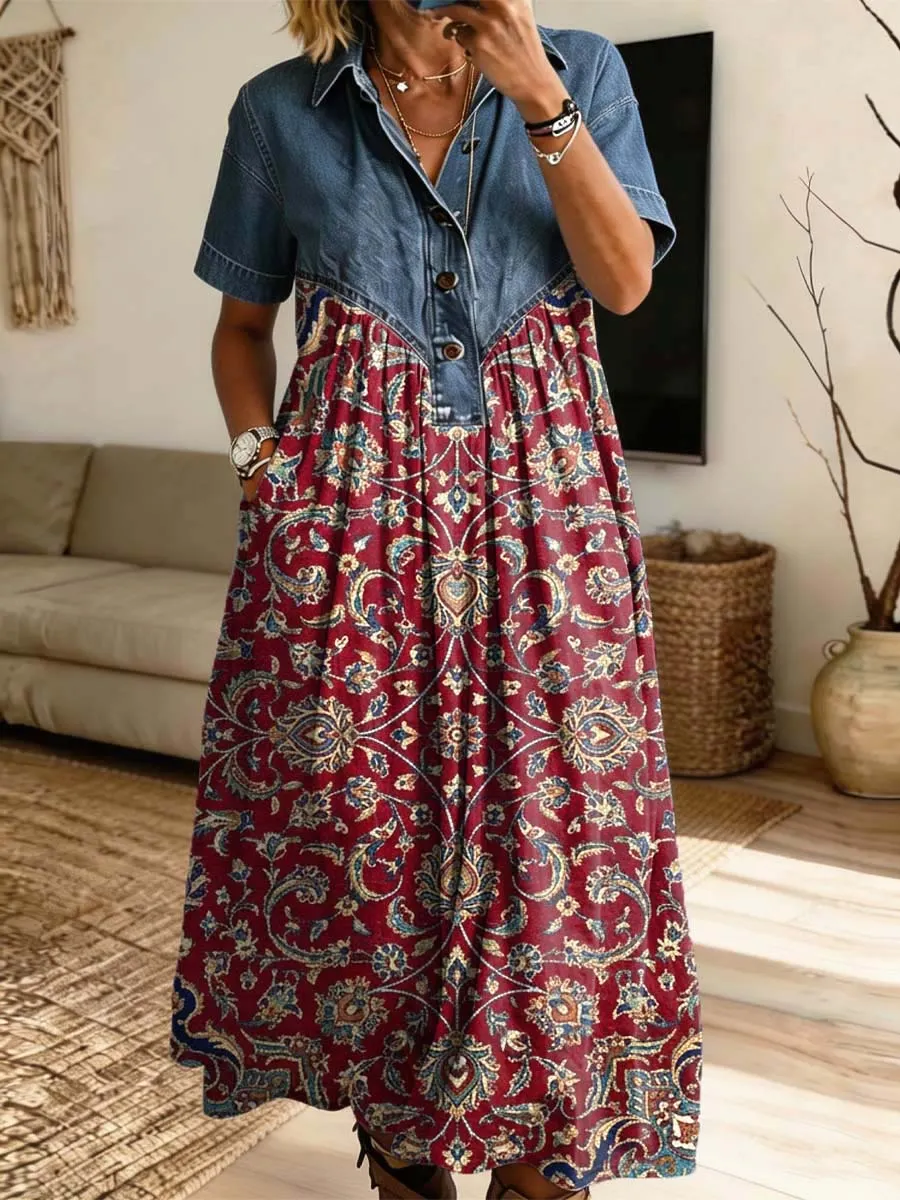 Retro Ethnic Floral Pattern Art Print Casual Stylish Lapel Denim Patchwork Dress