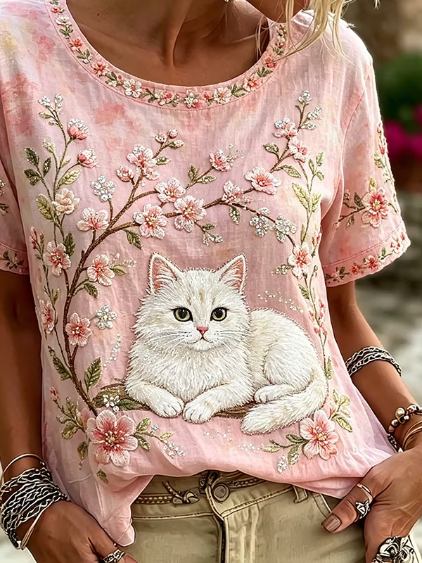 Women Floral Short Sleeve Tee T-shirt Crew Neck Printing Casual Graphic Tee Summer Top
