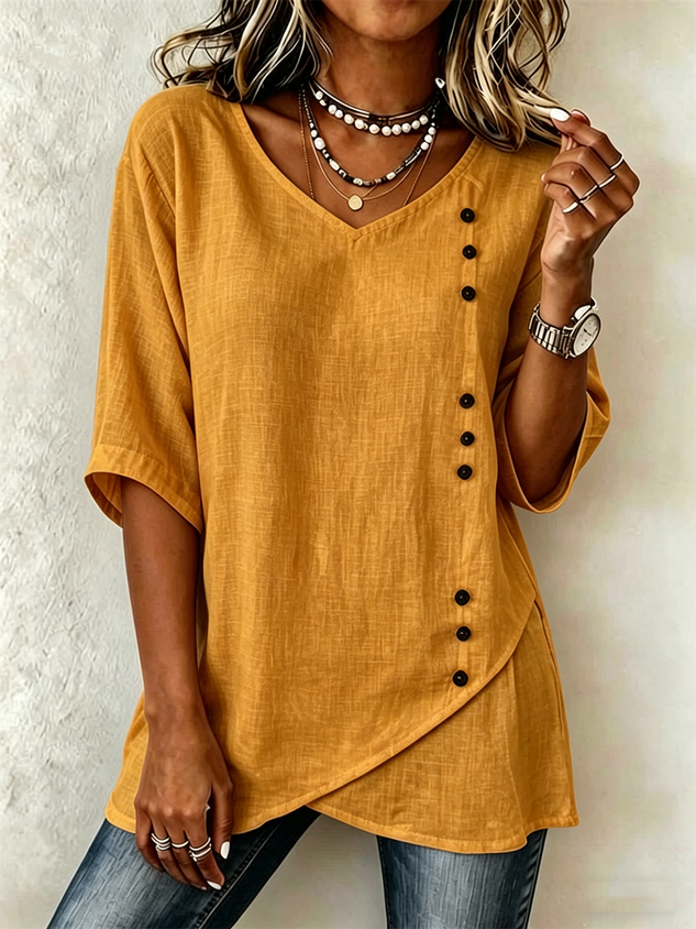 Vintage Loose Cotton-Blend V Neck Shirt