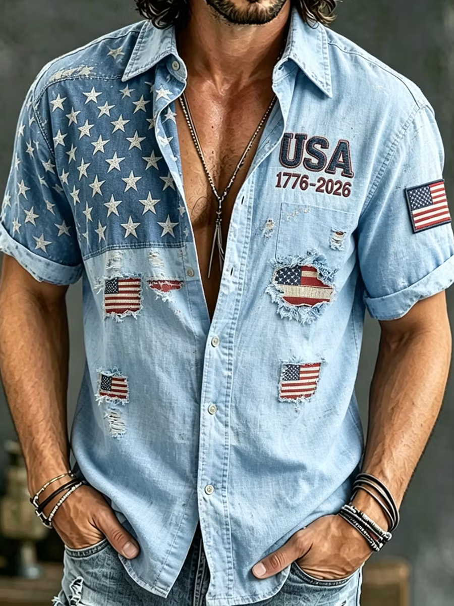 Men'S America Flag Printed Casual Collar Shirt