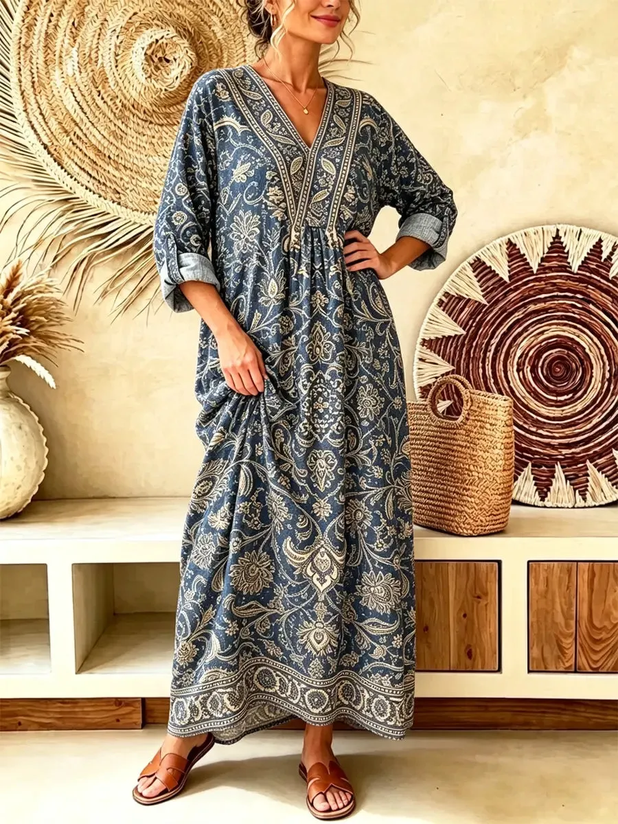 Retro Ethnic Floral Pattern Art Print Casual V-neck Cotton Linen Maxi Dress