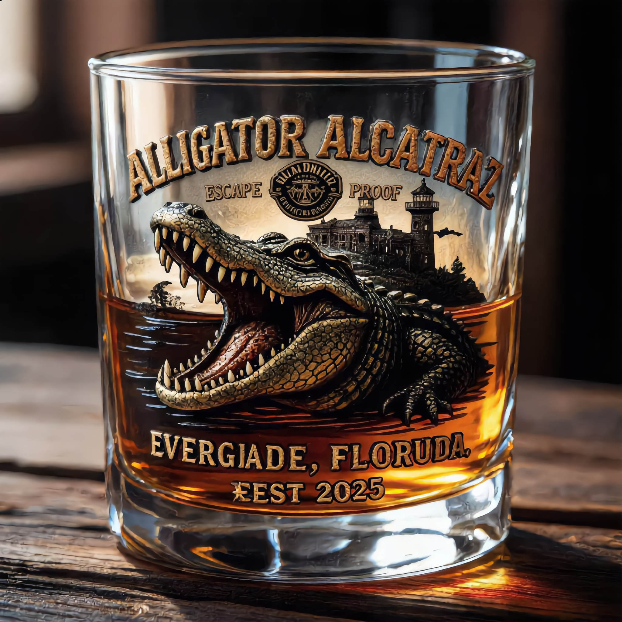 “ALLIGATOR ALCATRAZ” Retro Crocodile Glass – Adventure Meets Whiskey Culture