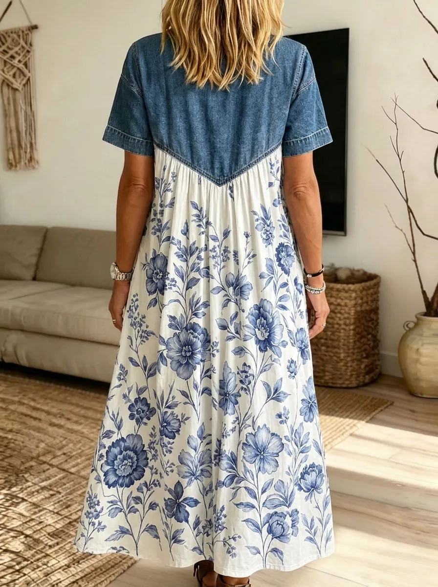 Women Denim Spliced Blue Floral Print Shirt Maxi Dress With Pockets