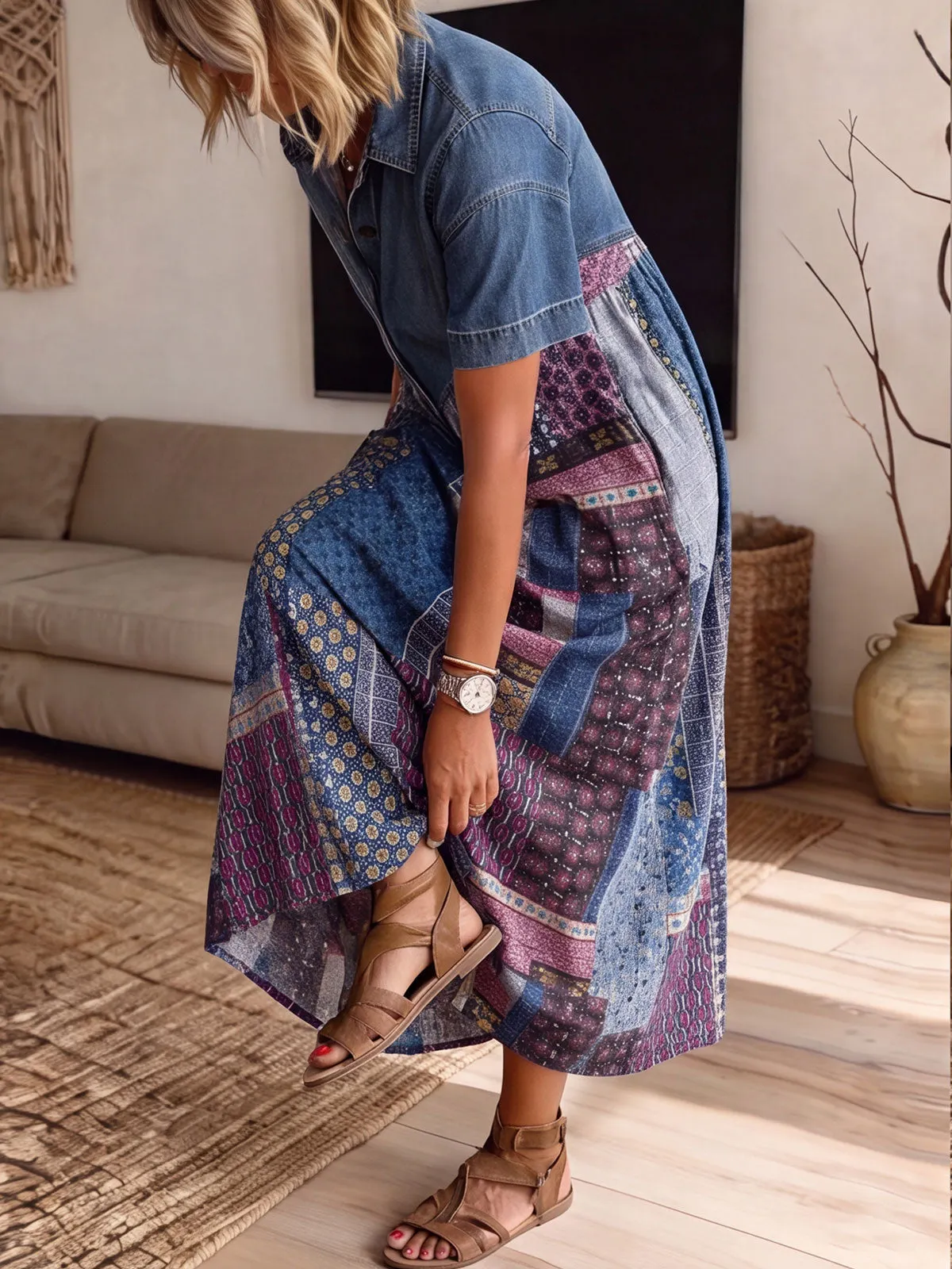 Women’s Denim Spliced Vintage Patchwork Print Loose Midi Dress With Pockets