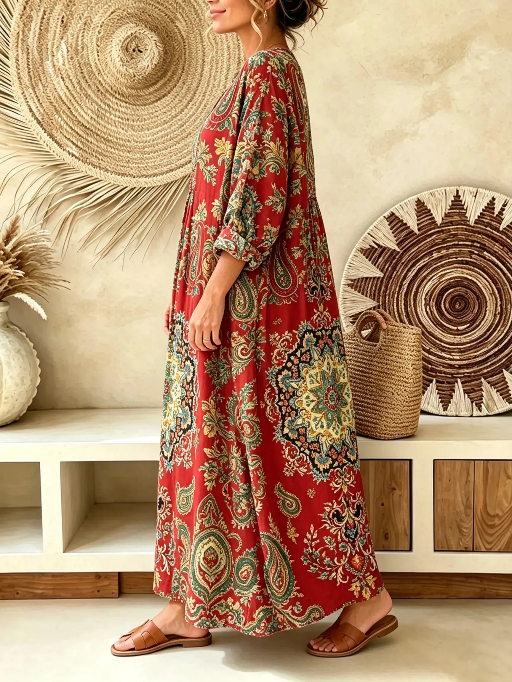 Women's Vintage Paisley Print V-Neck Boho Maxi Dress