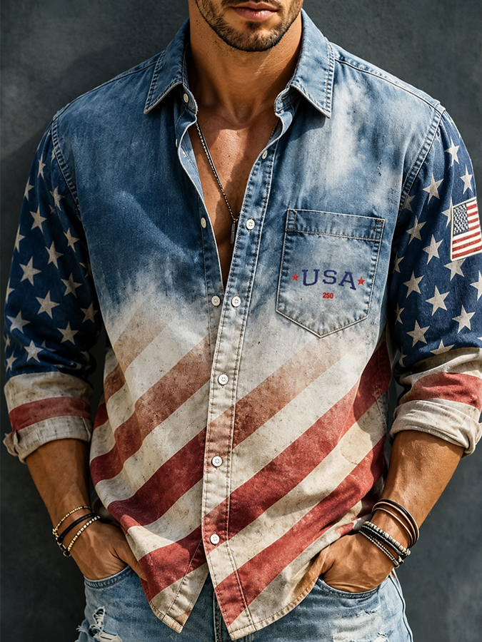 Men's American Flag Independence Day Print Long Sleeve Shirt