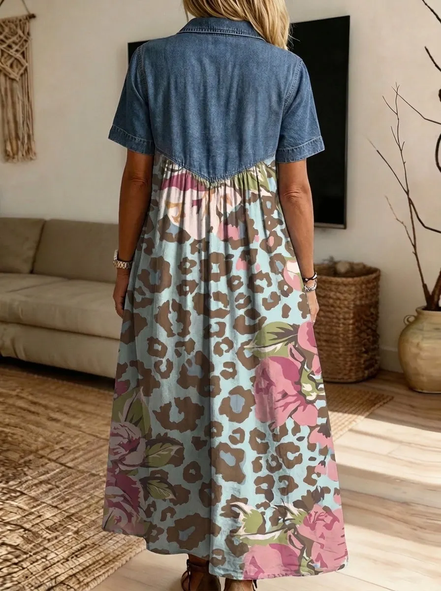 Women’s Denim Spliced Leopard Floral Print Loose Midi Dress With Pockets