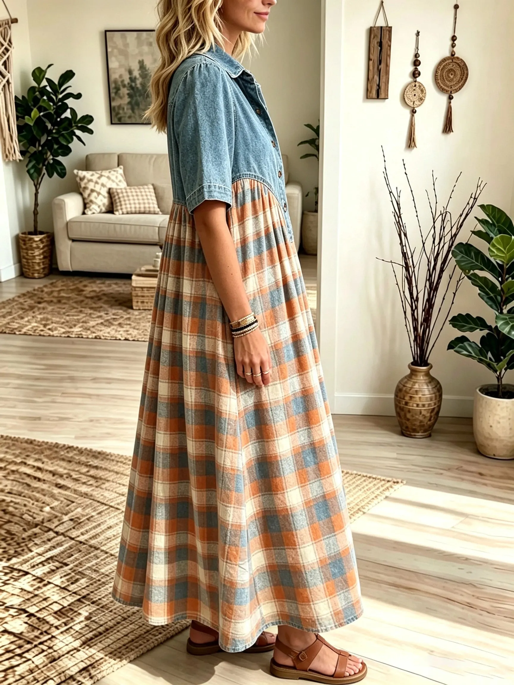 Women's Denim Yoke Plaid Maxi Dress