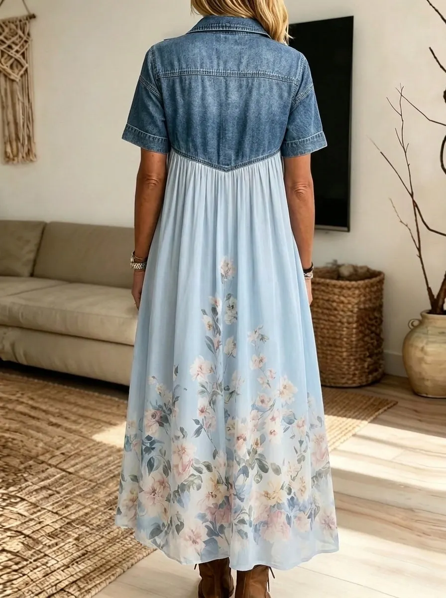 Women Denim Spliced Floral Maxi Shirt Dress With Pockets
