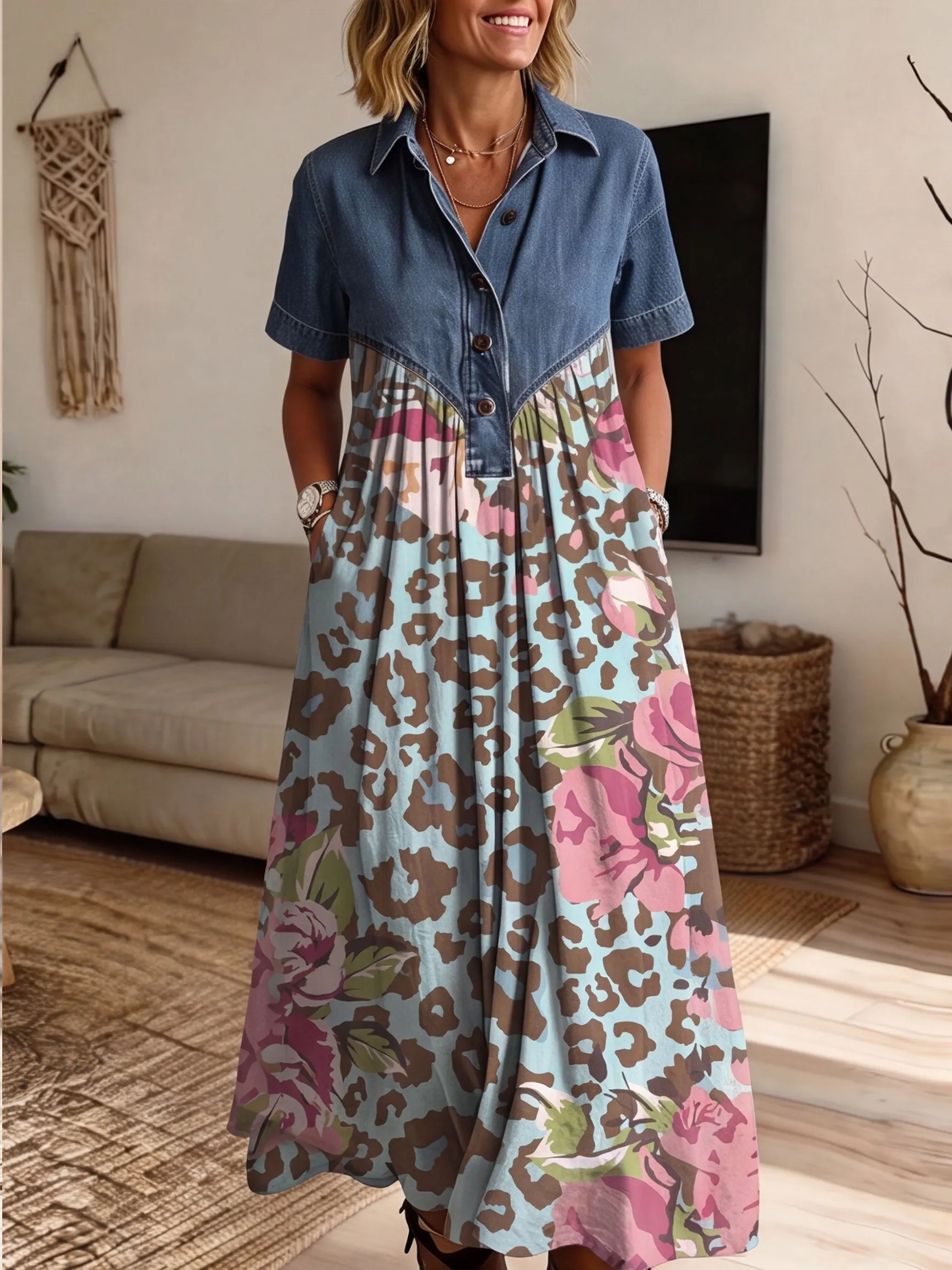 Women’s Denim Spliced Leopard Floral Print Loose Midi Dress With Pockets