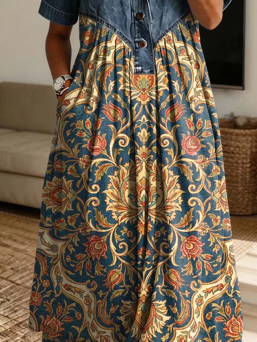 Retro Floral Pattern Art Print Casual Stylish Lapel Denim Patchwork Dress