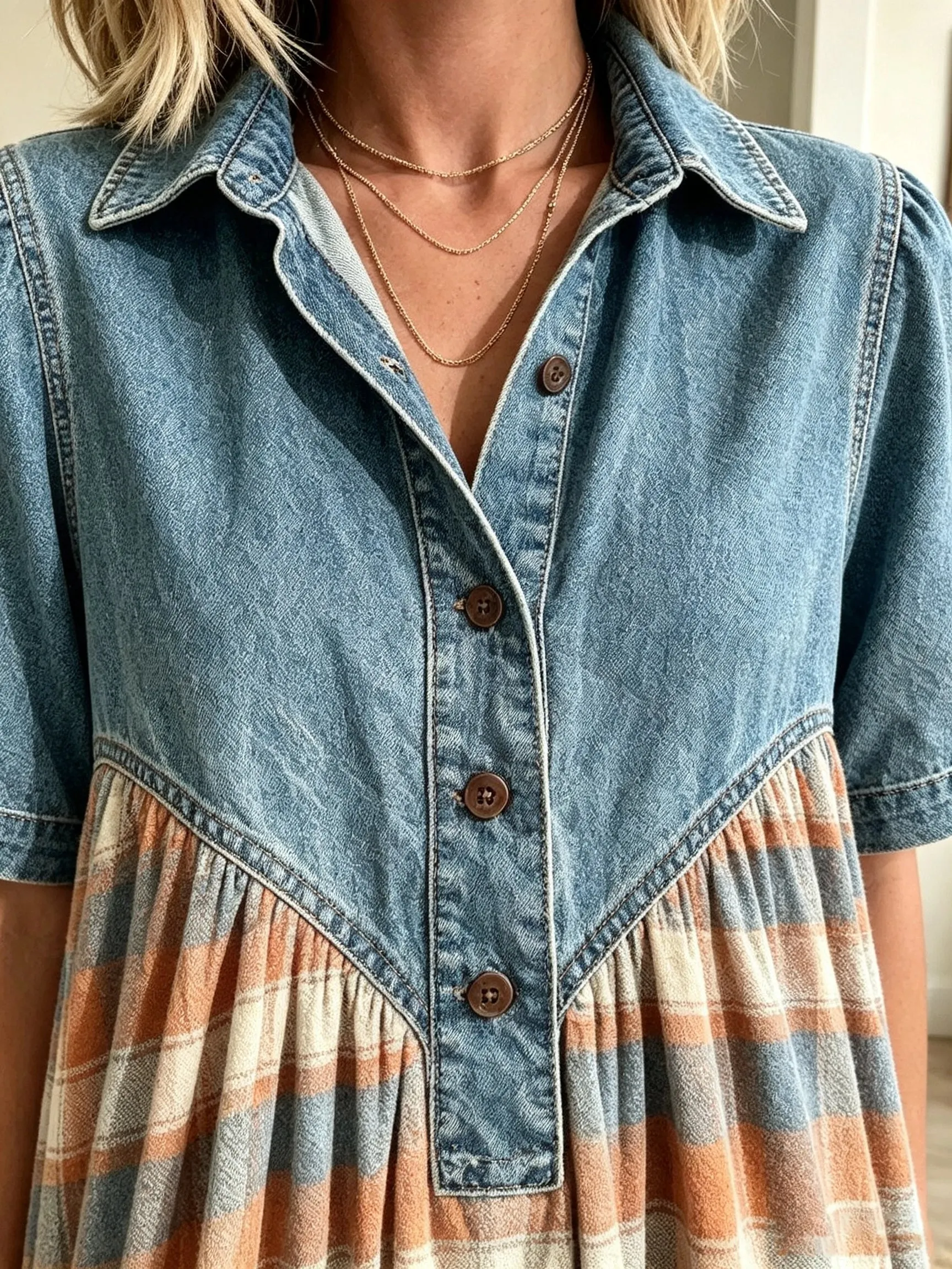 Women's Denim Yoke Plaid Maxi Dress