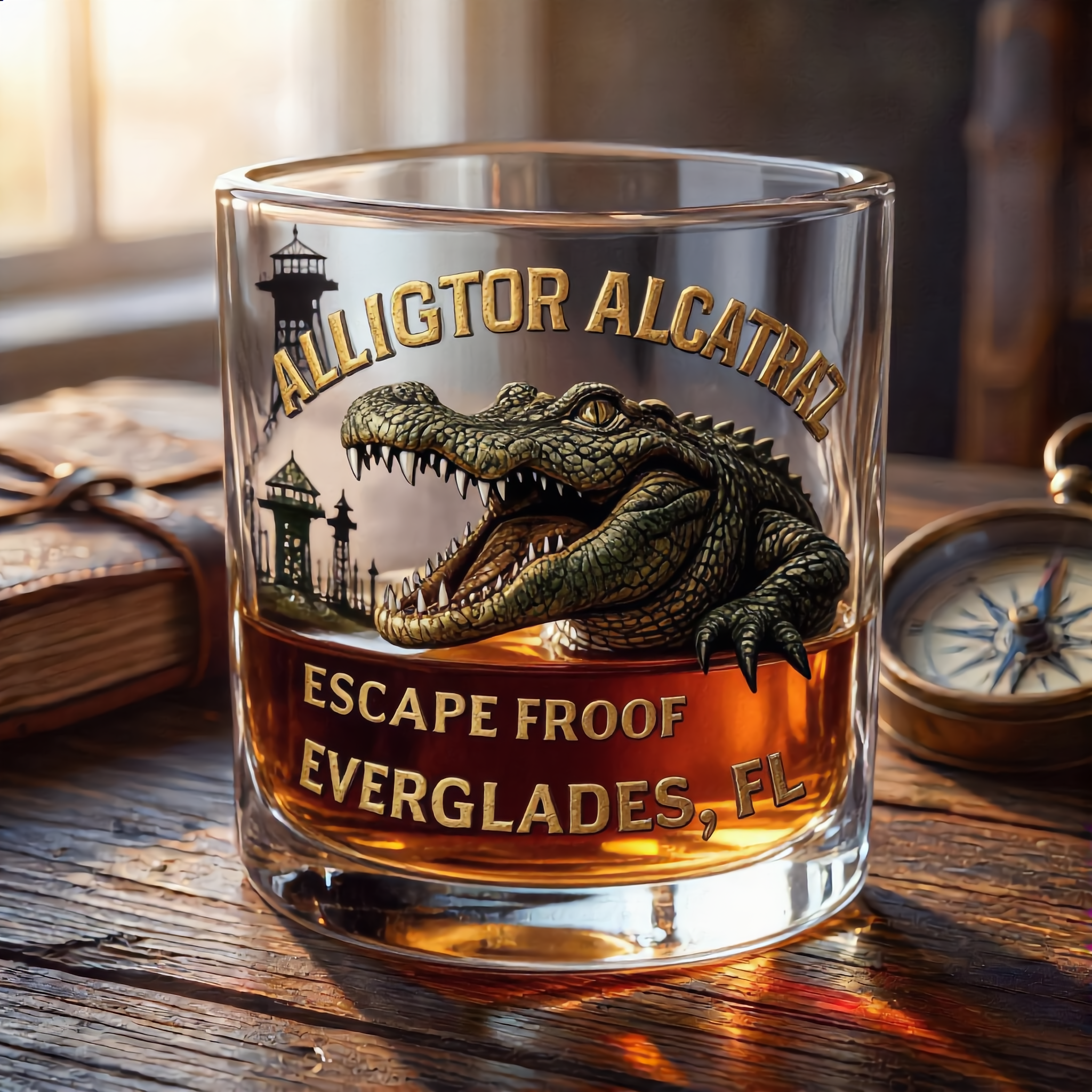 “ALLIGATOR ALCATRAZ” Retro Crocodile Glass – Adventure Meets Whiskey Culture