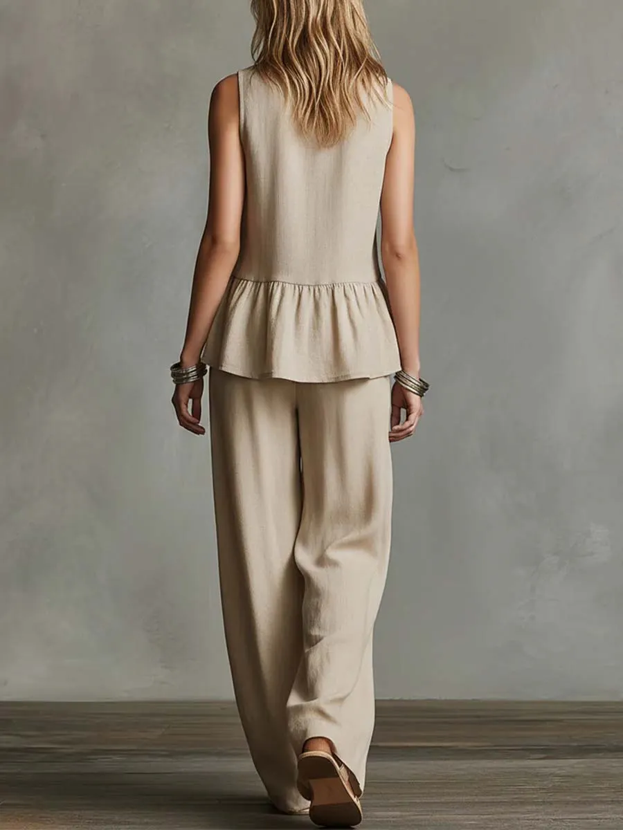Women's Round Neck Sleeveless Casual Loose Cotton Top And High Waist Casual Loose Wide Leg Pants Set