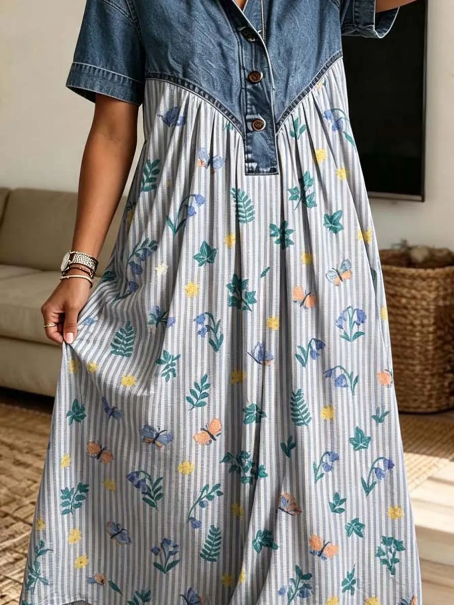 Retro Floral Pattern Art Print Casual Stylish Lapel Denim Patchwork Dress