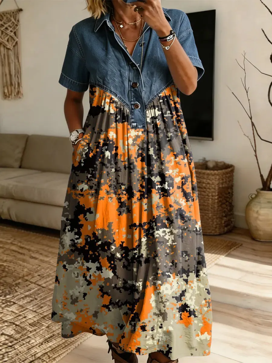 Retro Camouflage Pattern Art Print Casual Stylish Lapel Denim Patchwork Dress