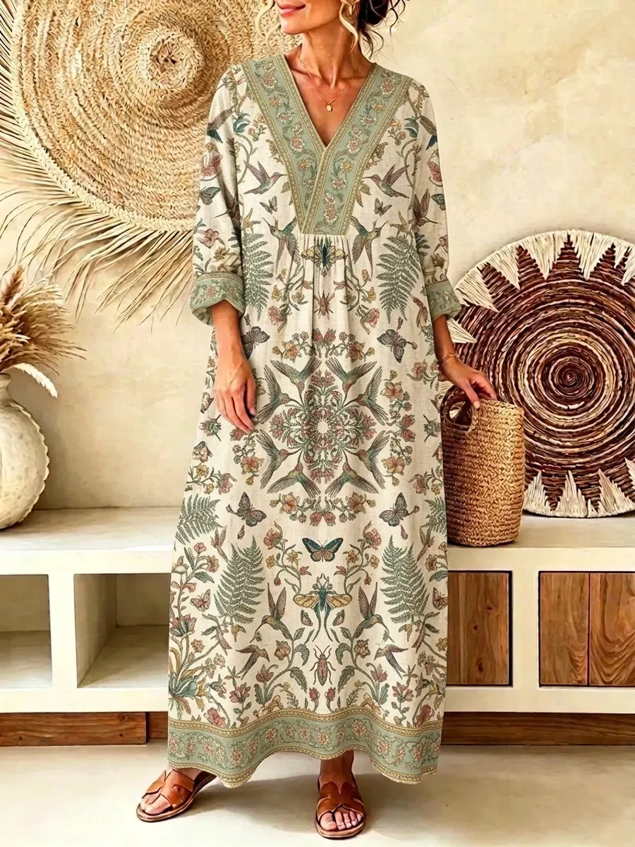 Retro Birds Floral Pattern Art Print Casual V-neck Cotton Linen Maxi Dress