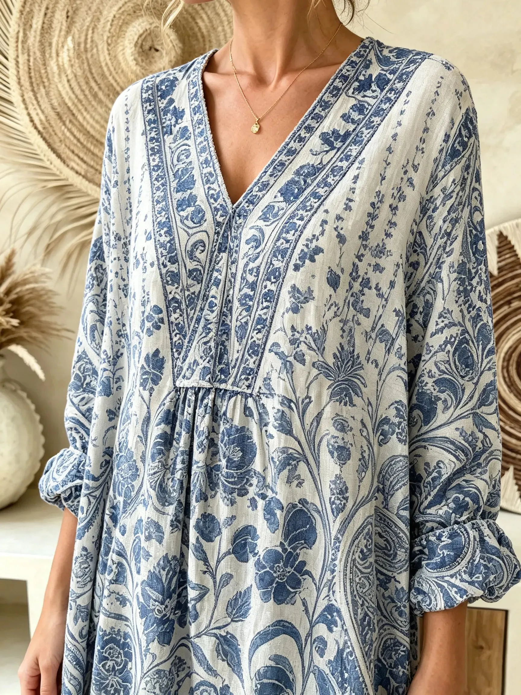 Women's Blue Porcelain Paisley Vintage Print V-Neck Boho Maxi Dress