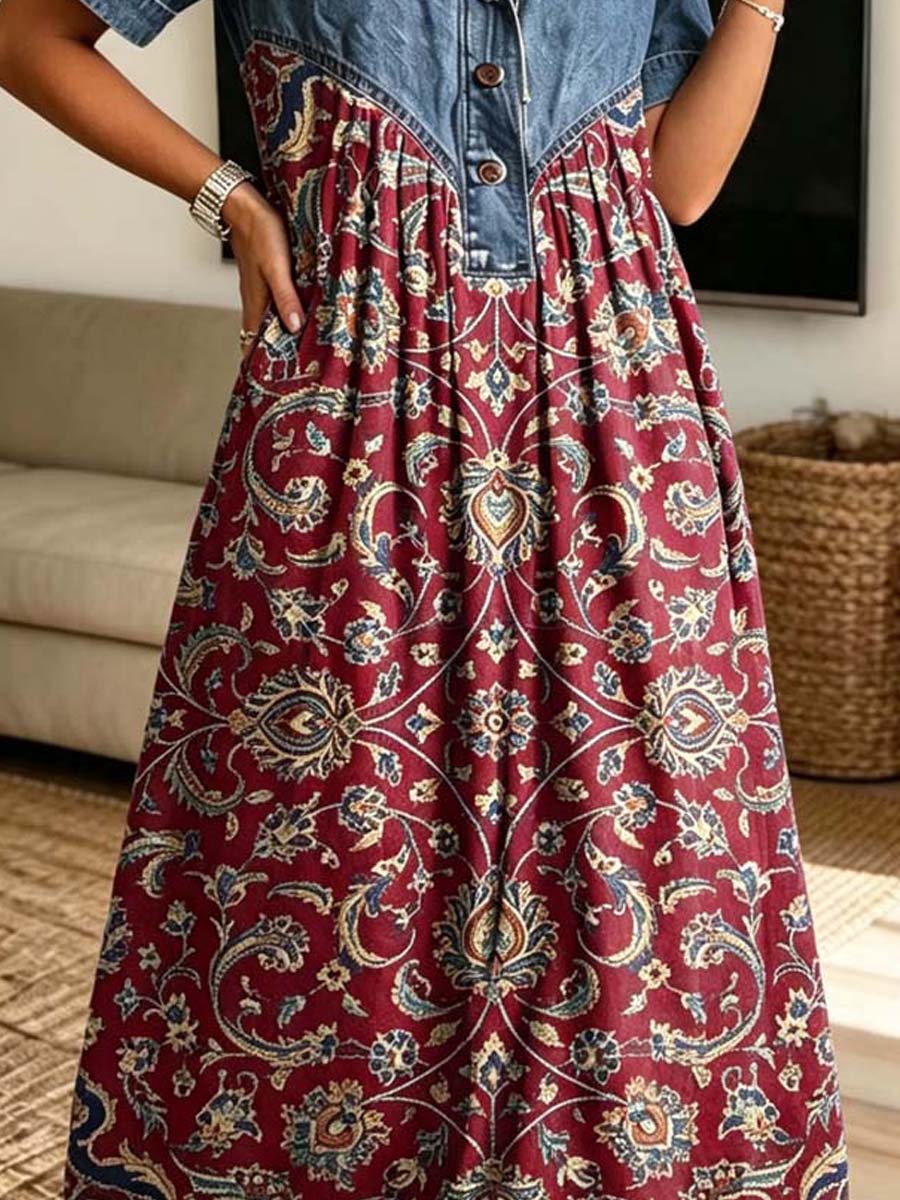 Retro Ethnic Floral Pattern Art Print Casual Stylish Lapel Denim Patchwork Dress