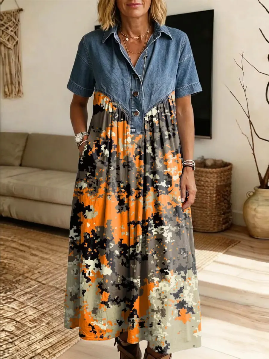 Retro Camouflage Pattern Art Print Casual Stylish Lapel Denim Patchwork Dress