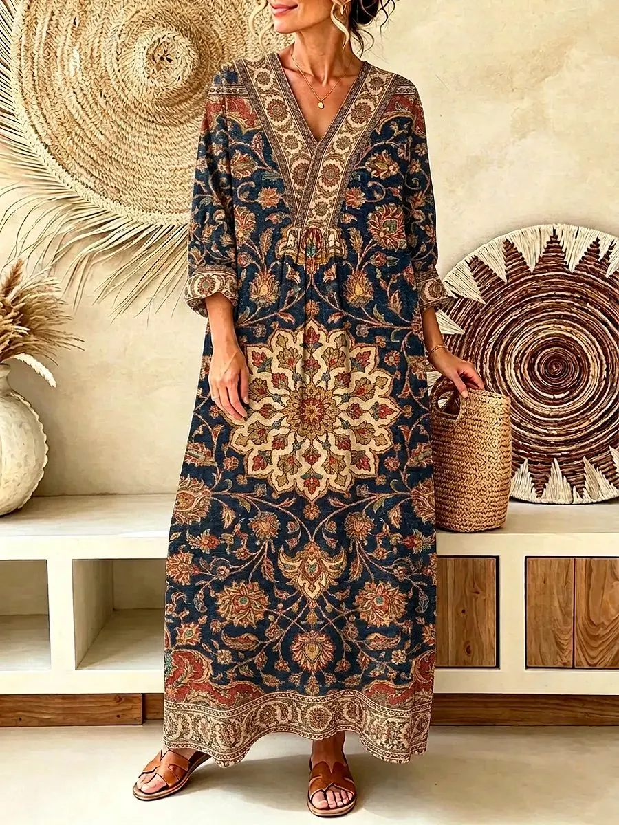 Retro Ethnic Floral Pattern Art Print Casual V-neck Cotton Linen Maxi Dress