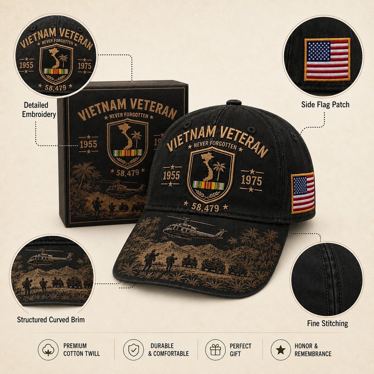 Vietnam Veteran Never Forgotten 1955–1975 Commemorative Cap 🇺🇸
