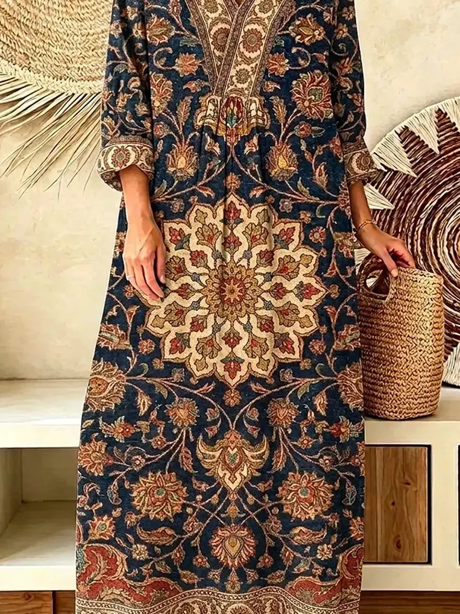 Retro Ethnic Floral Pattern Art Print Casual V-neck Cotton Linen Maxi Dress