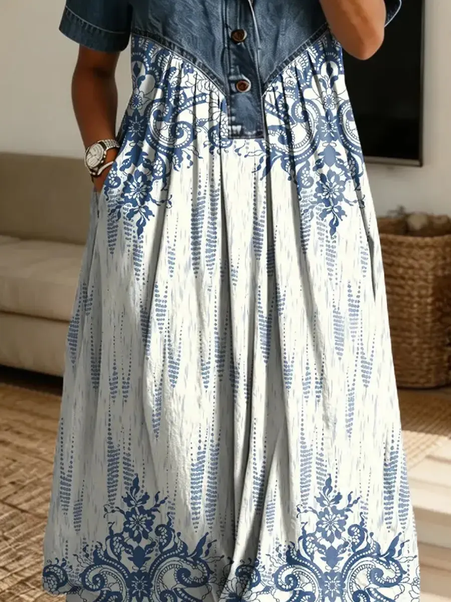 Retro Floral Pattern Art Print Casual Stylish Lapel Denim Patchwork Dress