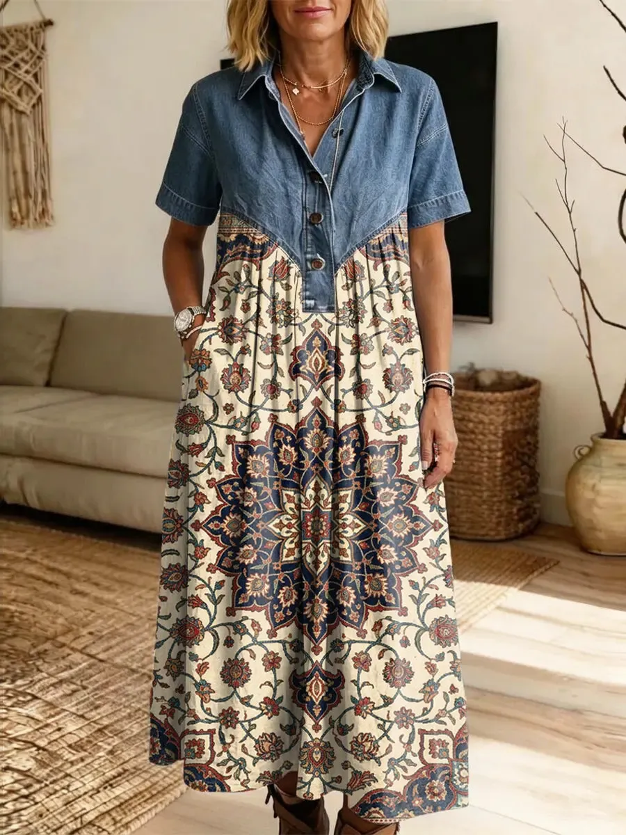 Retro Floral Pattern Art Print Casual Stylish Lapel Denim Patchwork Dress