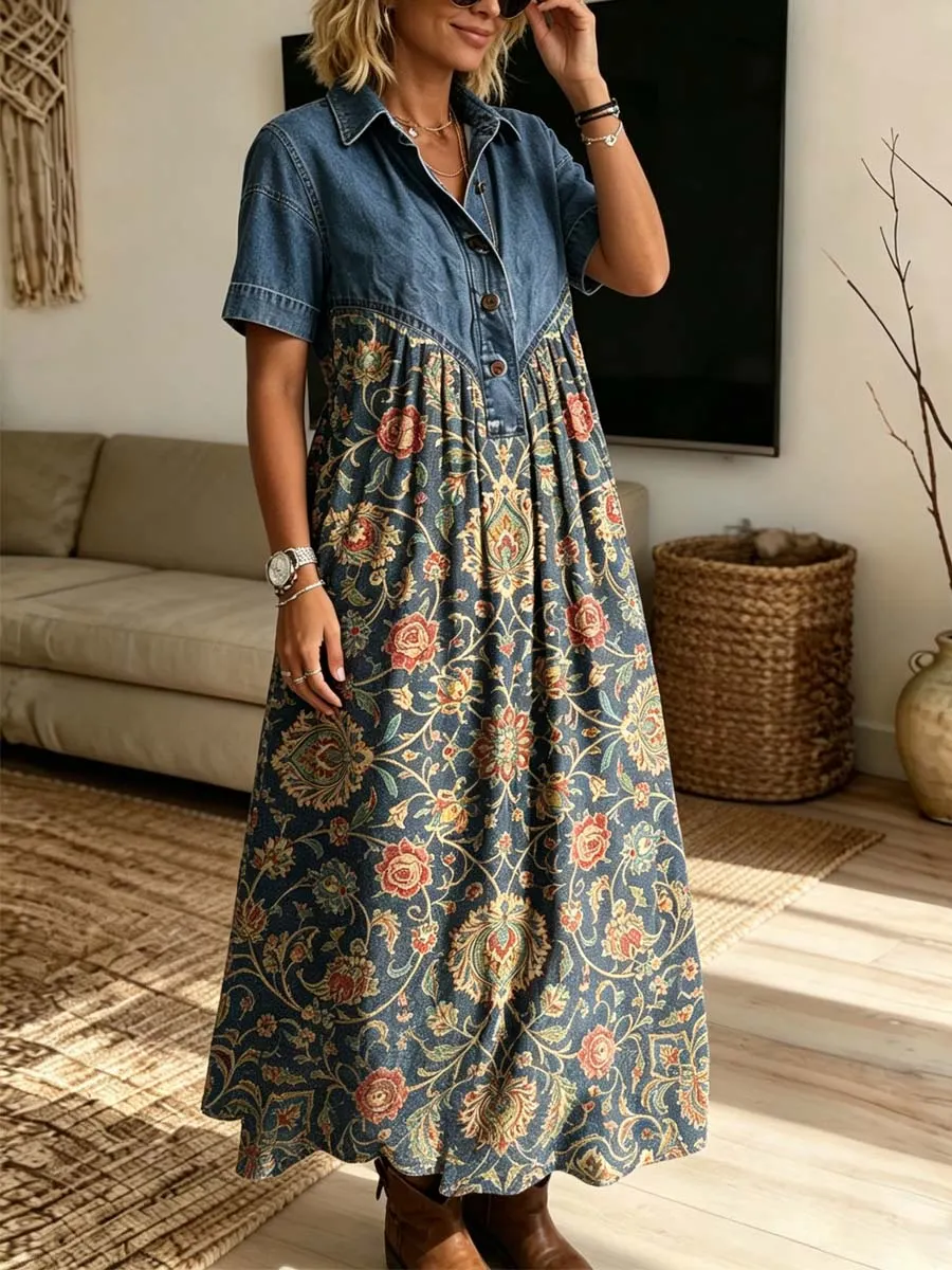 Retro Floral Pattern Art Print Casual Stylish Lapel Denim Patchwork Dress