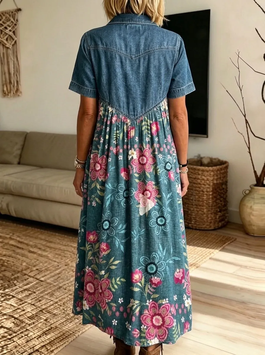 Women’s Denim Spliced Floral Print Short Sleeve Button Front Midi Dress