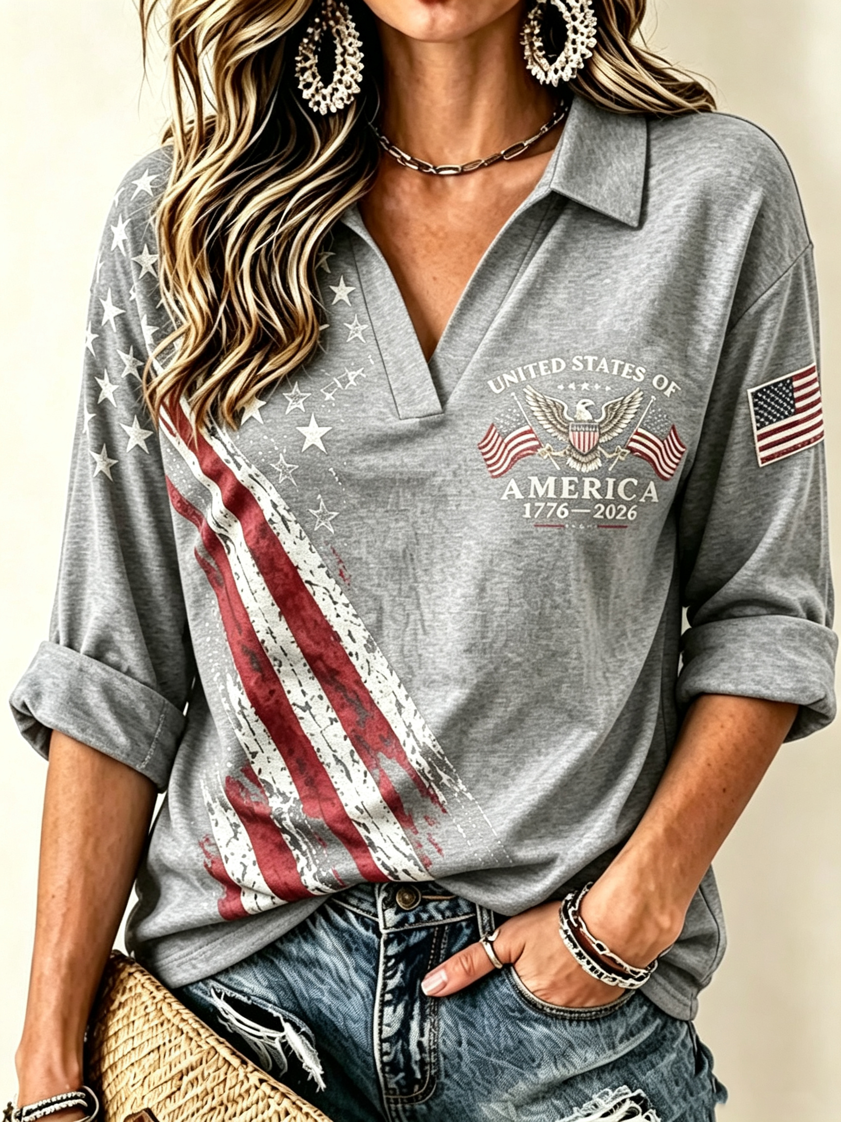 Women Vintage Distressed American Flag Print Top