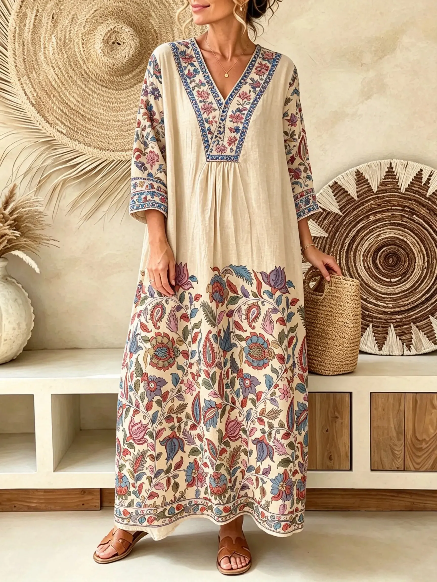 Women Vintage Floral Border Print V-Neck Loose Maxi Dress