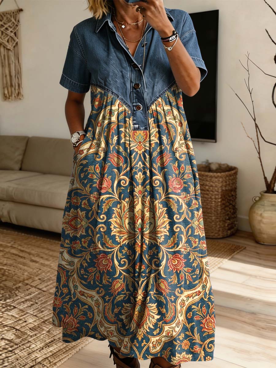 Retro Floral Pattern Art Print Casual Stylish Lapel Denim Patchwork Dress