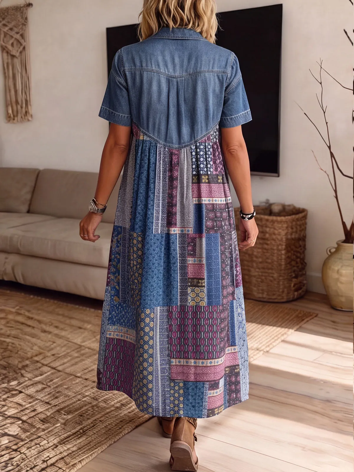 Women’s Denim Spliced Vintage Patchwork Print Loose Midi Dress With Pockets