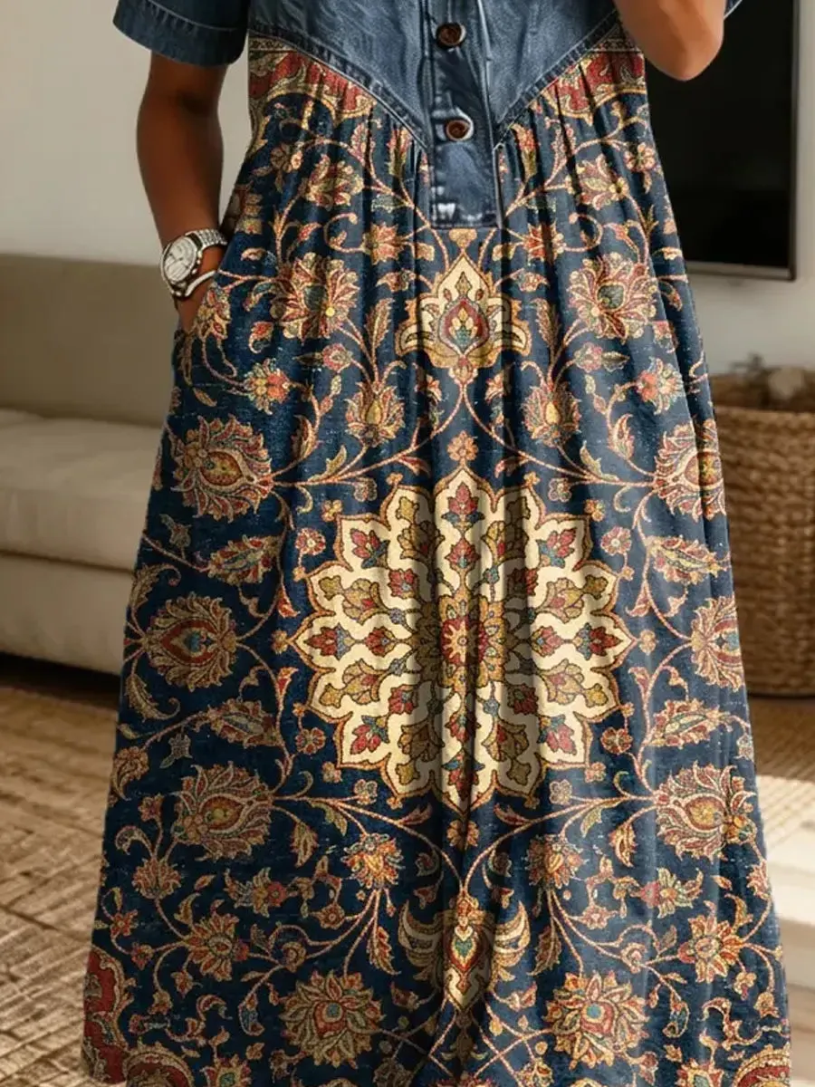 Retro Floral Pattern Art Print Casual Stylish Lapel Denim Patchwork Dress