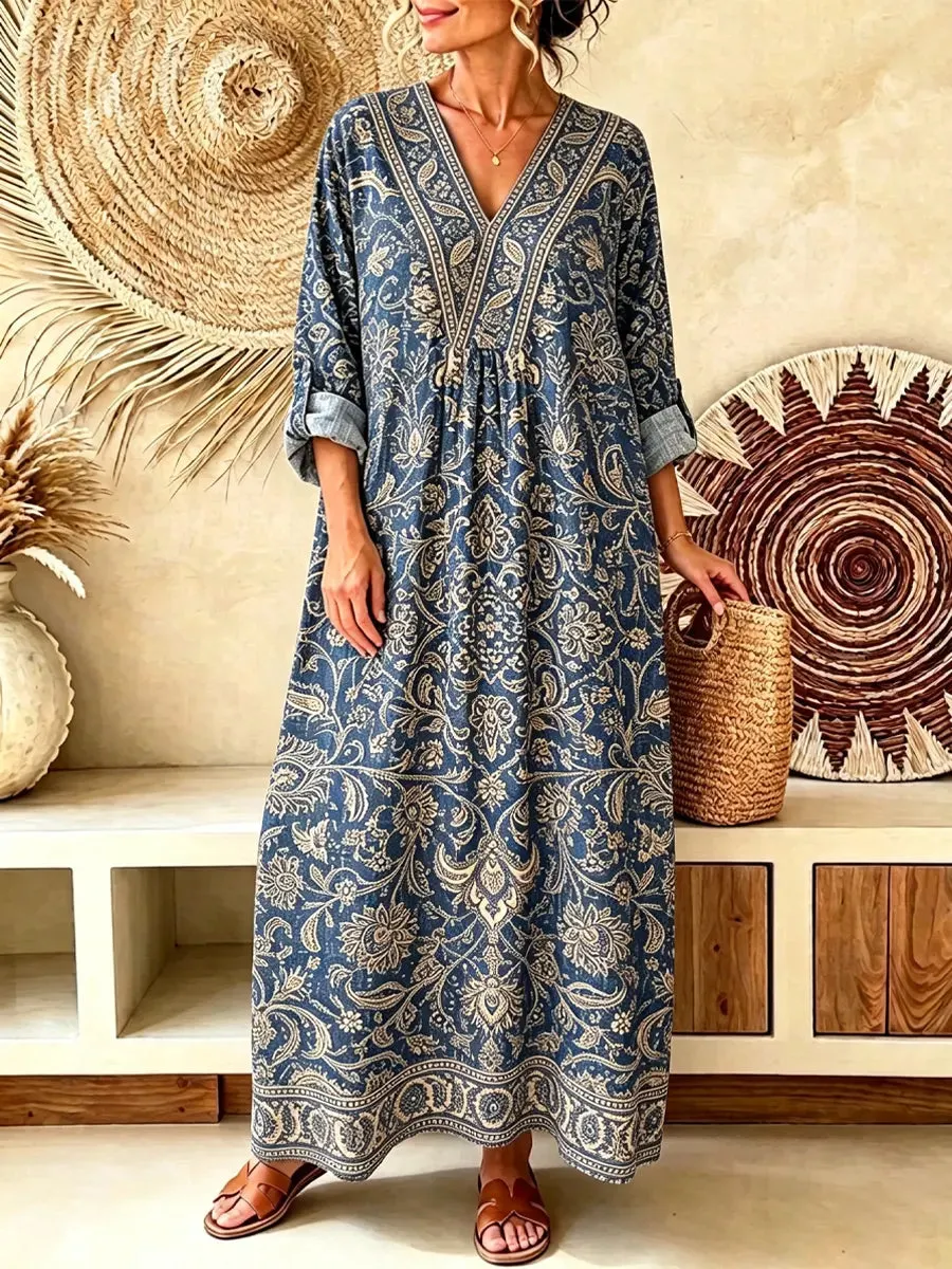 Retro Ethnic Floral Pattern Art Print Casual V-neck Cotton Linen Maxi Dress