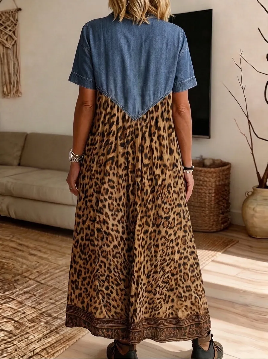 Women’s Denim Spliced Leopard Print Loose Midi Dress With Pockets