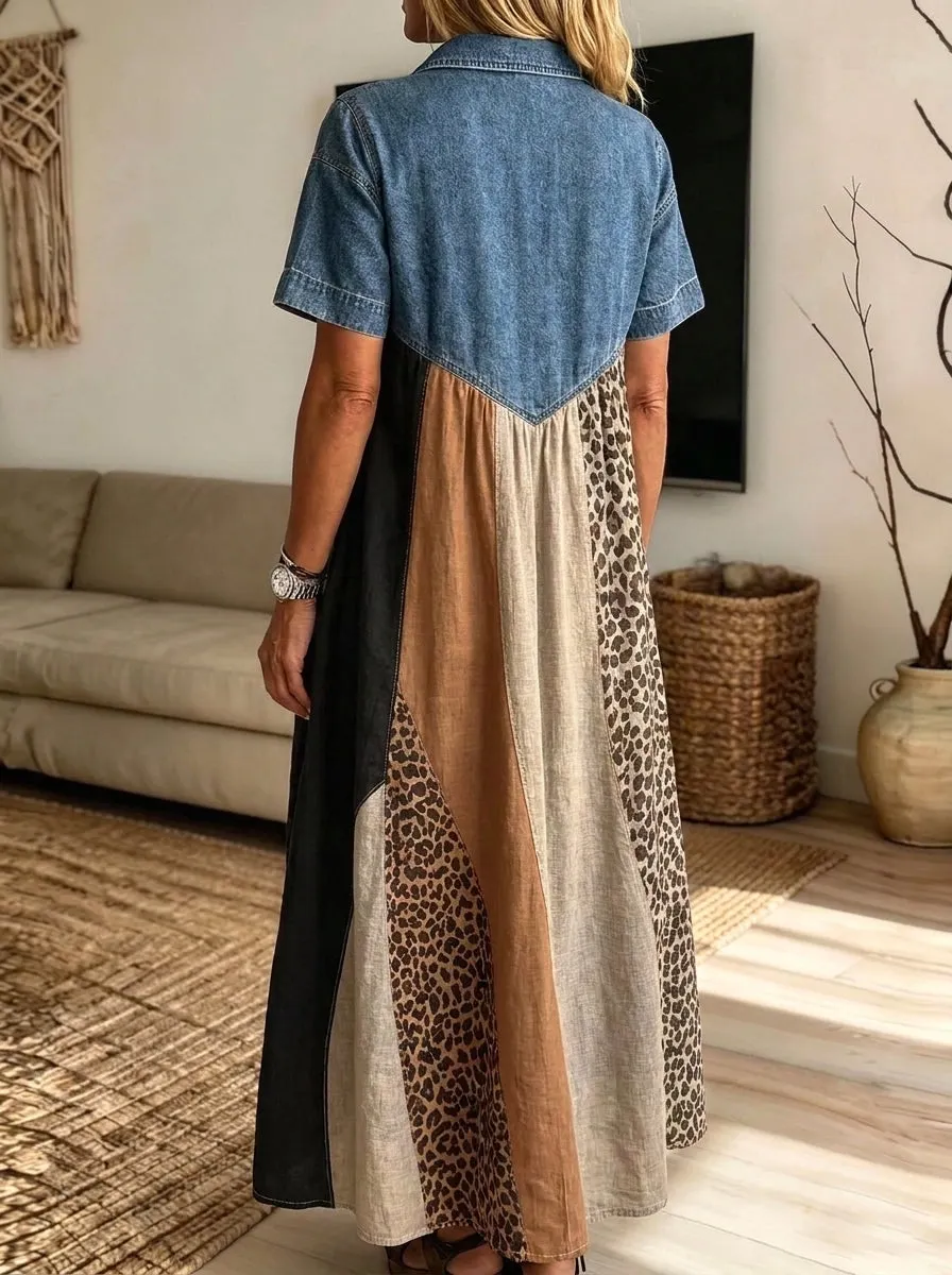 Women’s Denim Spliced Leopard Color Block Patchwork Midi Shirt Dress With Pockets