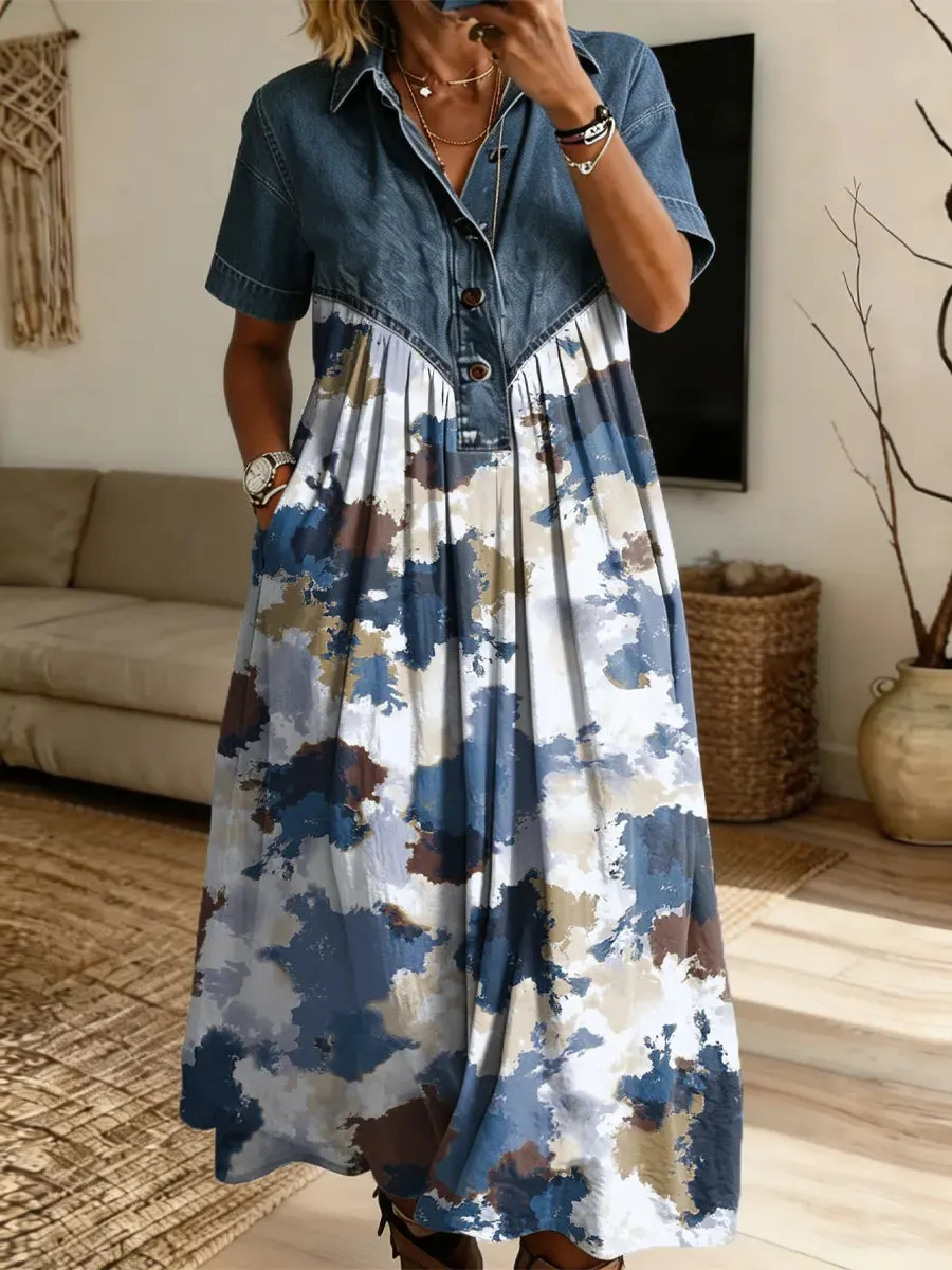 Retro Ink Pattern Art Print Casual Stylish Lapel Denim Patchwork Dress