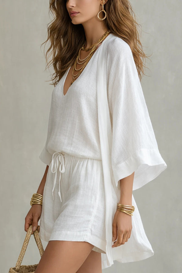 White Loose Cardigan & Drawstring Shorts 3-Piece Casual Set