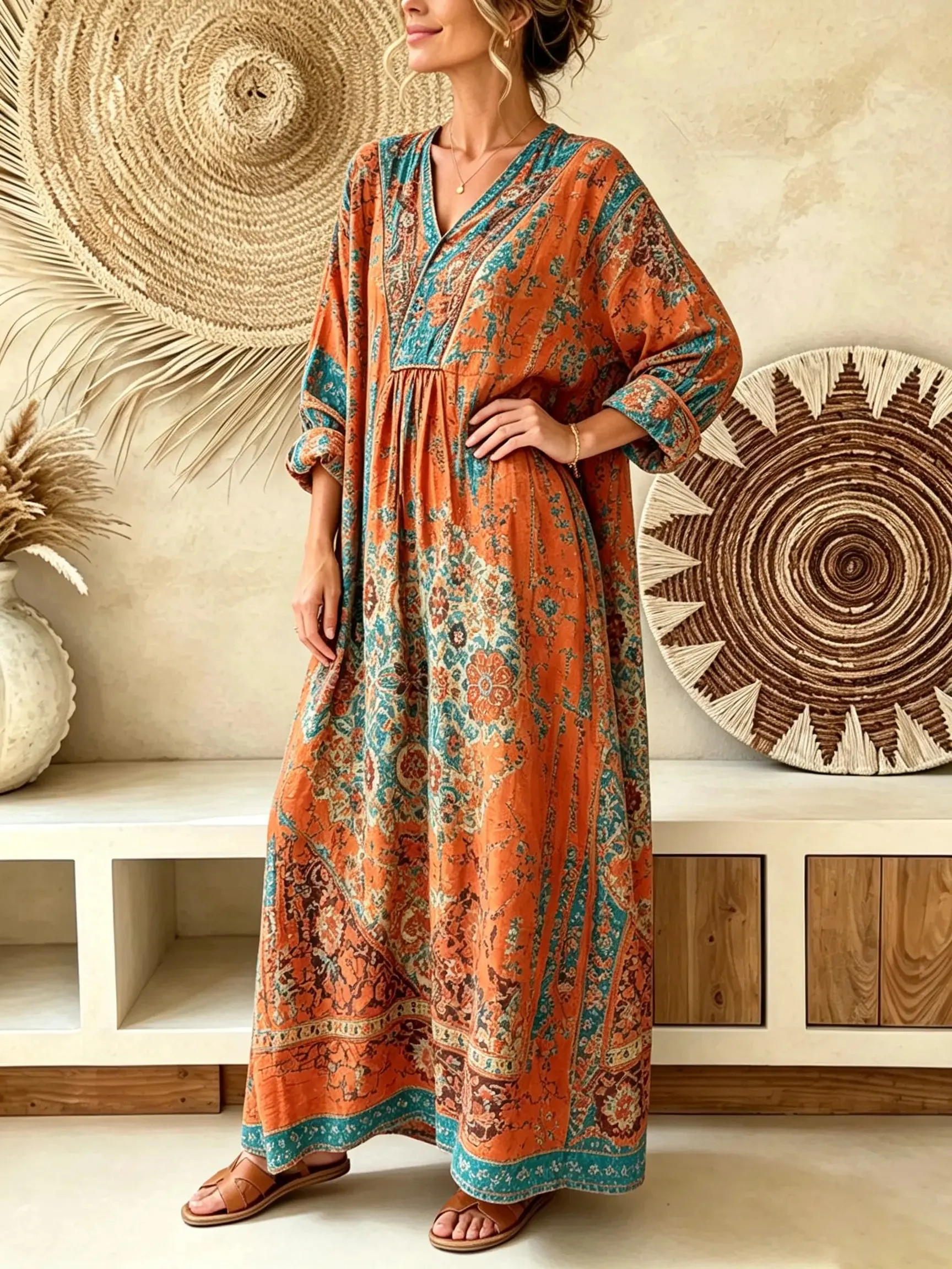 Women's Vintage Persian Floral Print V-Neck Boho Maxi Dress