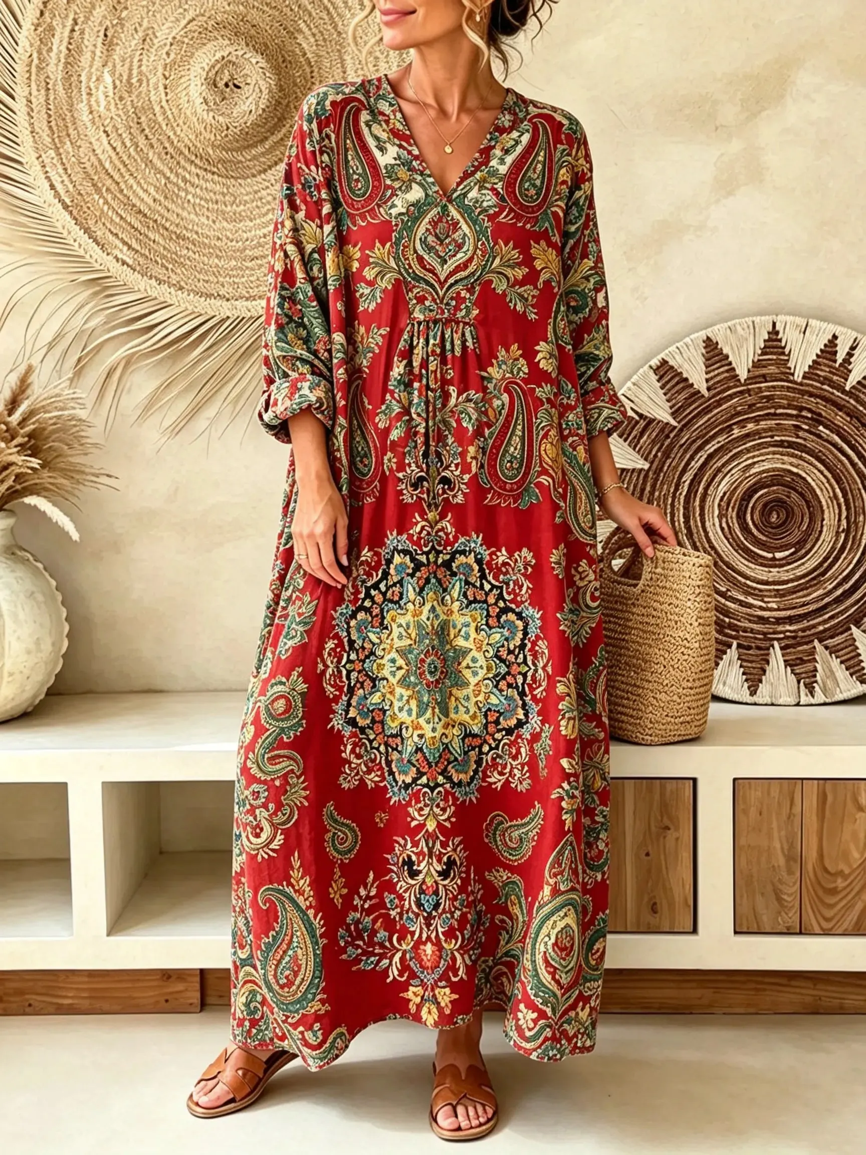 Women's Vintage Paisley Print V-Neck Boho Maxi Dress