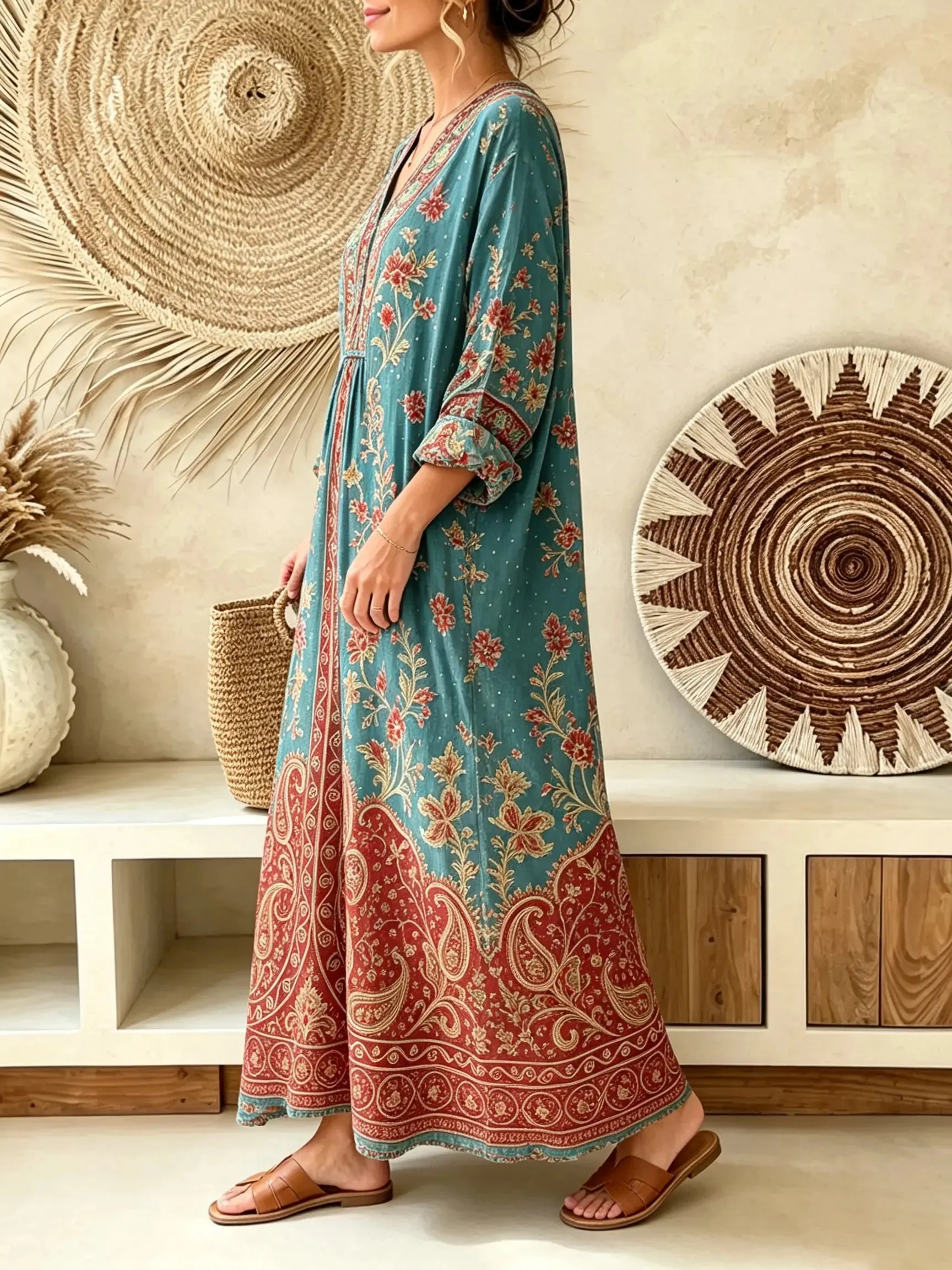 Women's Teal Paisley Floral Ethnic V-Neck Loose Three-Quarter Sleeve Maxi Dress