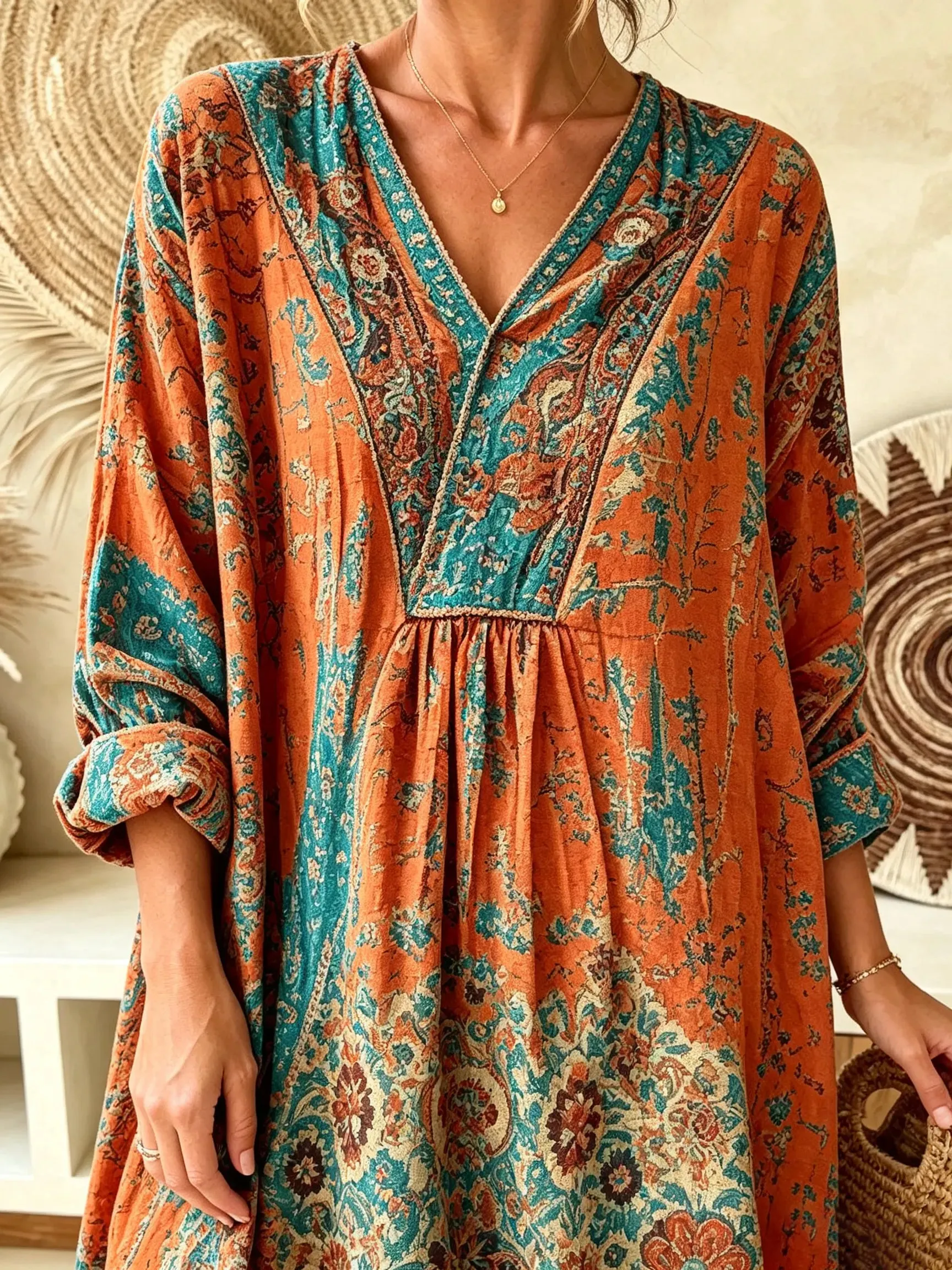Women's Vintage Persian Floral Print V-Neck Boho Maxi Dress