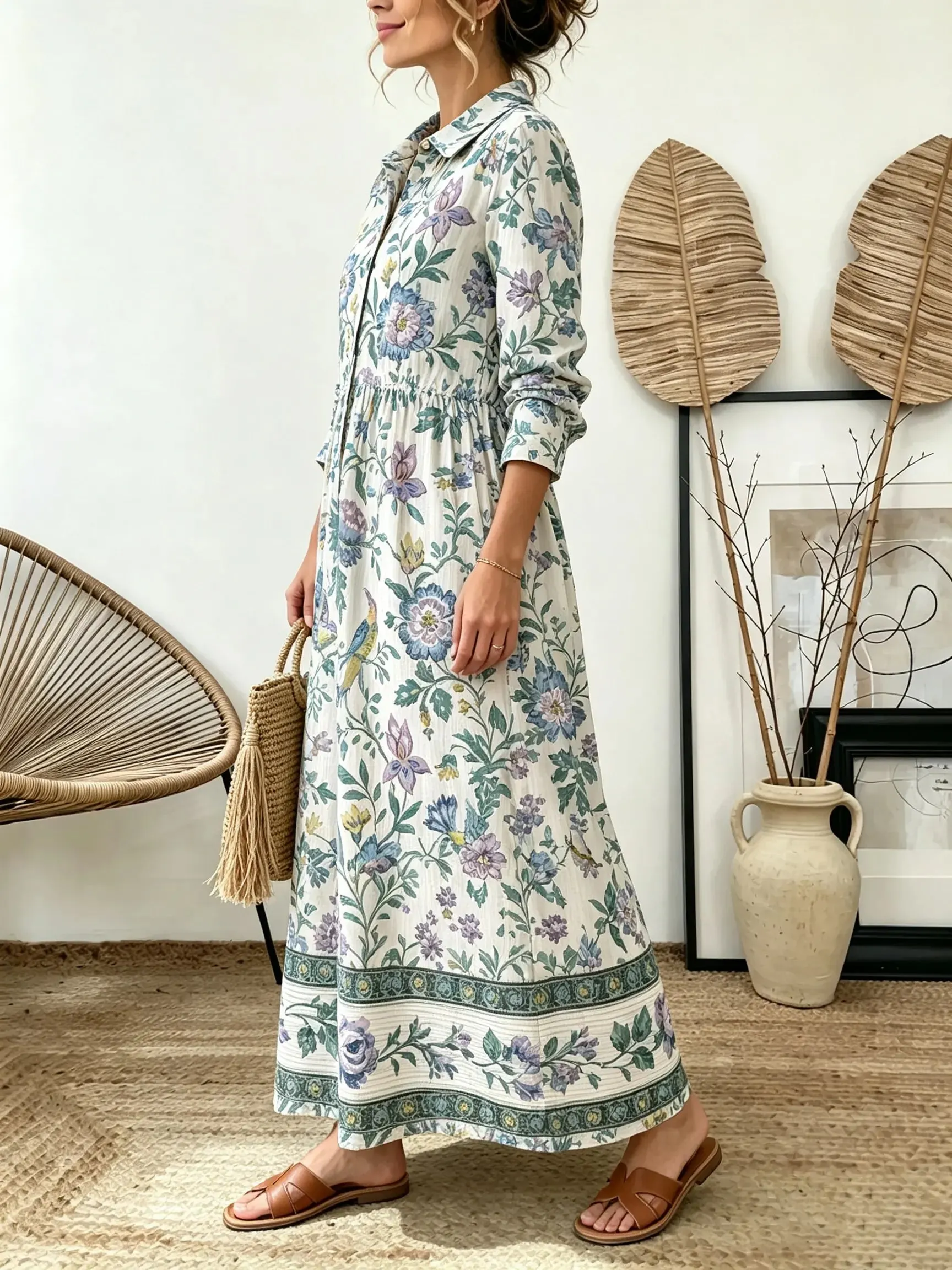 Women's Bird Botanical Border Print Collared Long Sleeve Maxi Dress