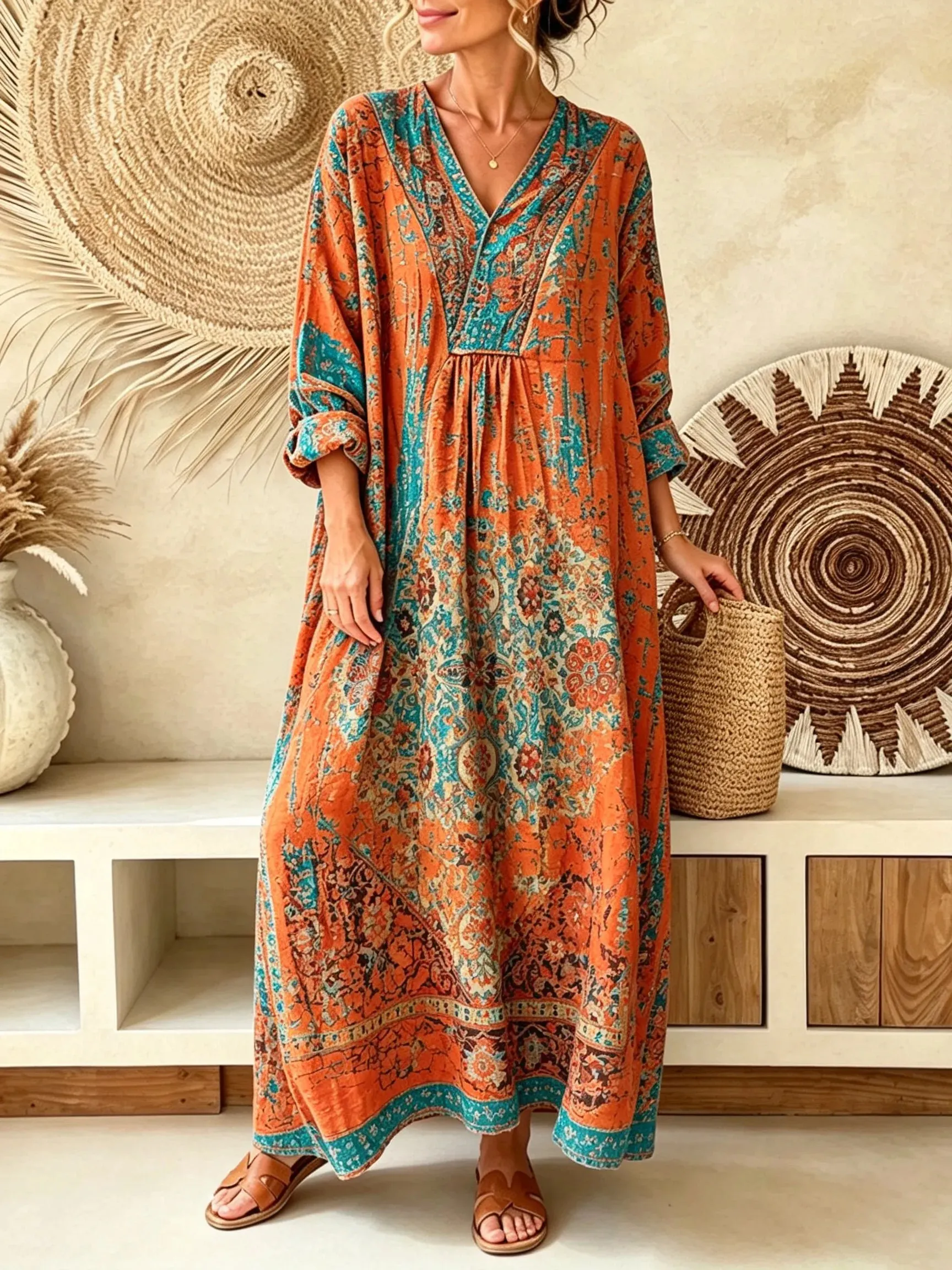 Women's Vintage Persian Floral Print V-Neck Boho Maxi Dress