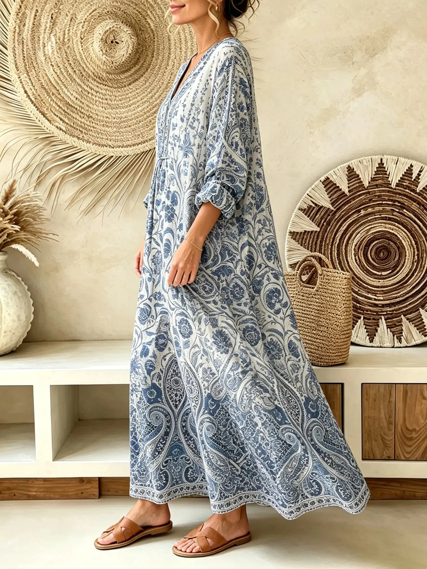 Women's Blue Porcelain Paisley Vintage Print V-Neck Boho Maxi Dress