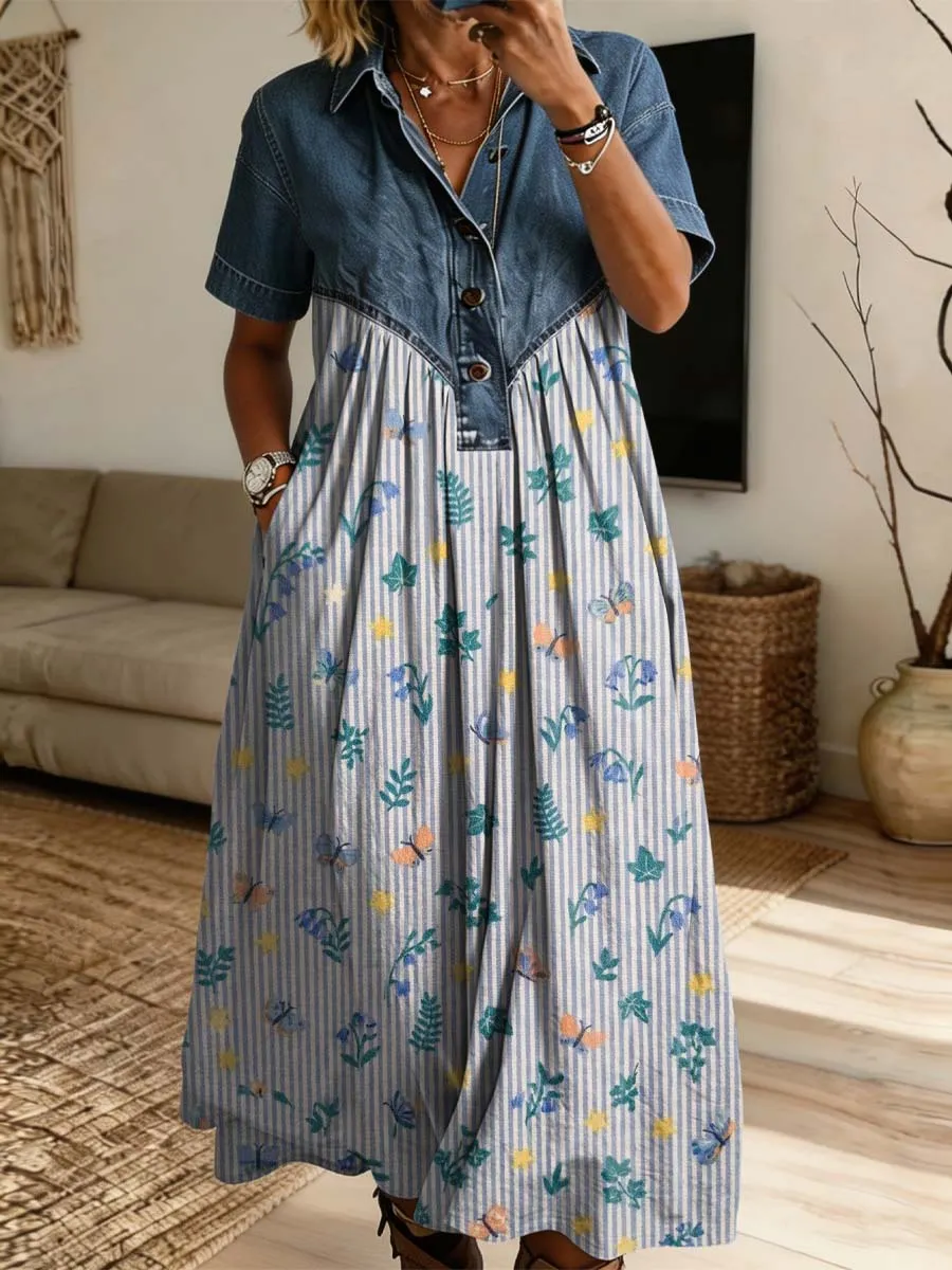 Retro Floral Pattern Art Print Casual Stylish Lapel Denim Patchwork Dress